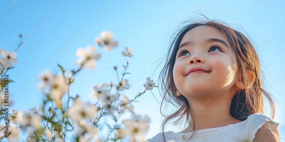 Happy little girl looking up at white flowers against a clear blue sky. Happy little girl looking up at white flowers against a clear blue sky.