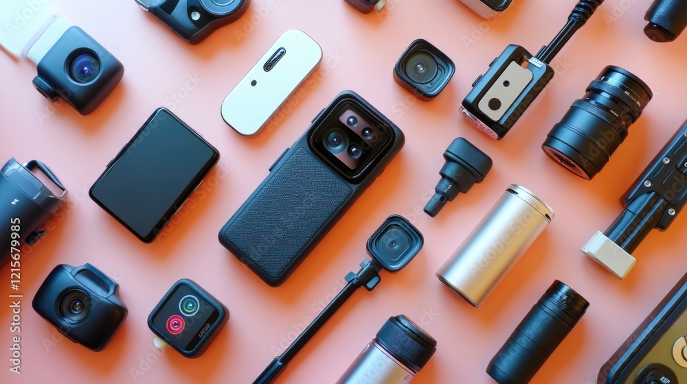 A table filled with selfie-related gadgets like portable lights and tripods. A table filled with selfie-related gadgets like portable lights and tripods.