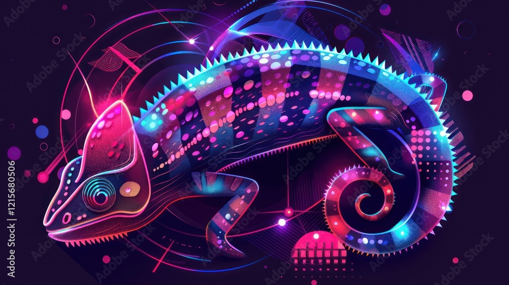 Fototapeta premium A neon chameleon with bright, stylized scales and intense eyes, surrounded by glowing geometric shapes in pop art style on a black digital canvas