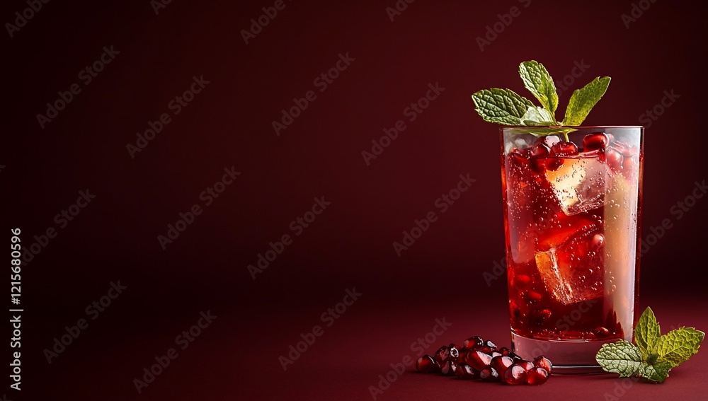 Refreshing pomegranate cocktail with mint garnish in a highball glass on a dark background. Refreshing pomegranate cocktail with mint garnish in a highball glass on a dark background.