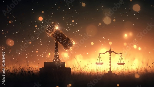 Silhouette of telescope and scales of justice at sunset. photo