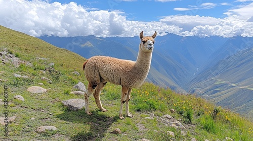 Llama standing Andes mountains sunny day travel