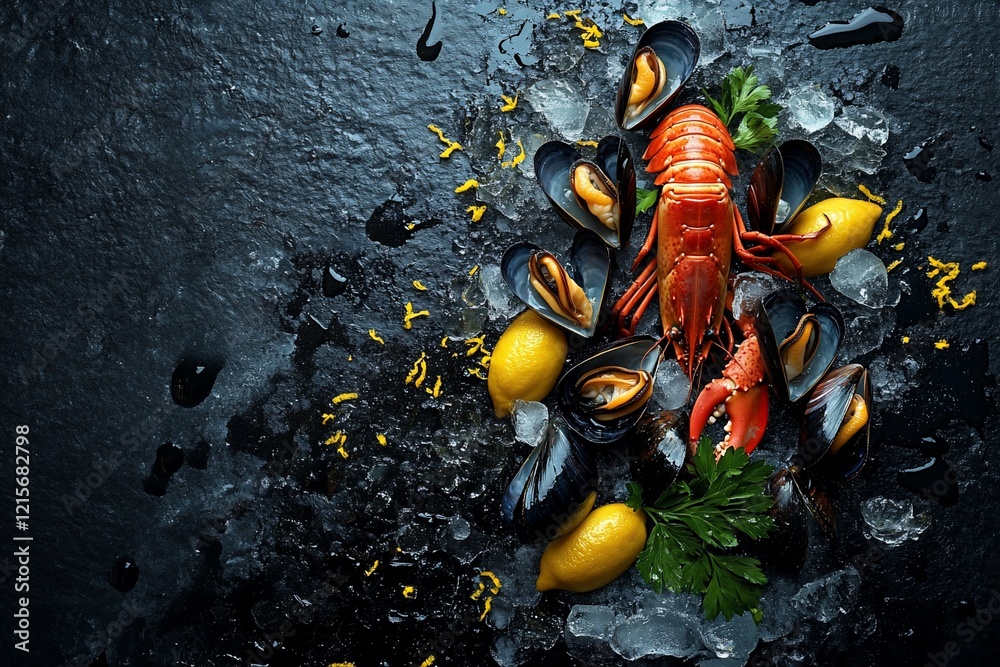 Fresh lobster and mussels on ice with lemon and parsley. (1) Fresh lobster and mussels on ice with lemon and parsley. (1)