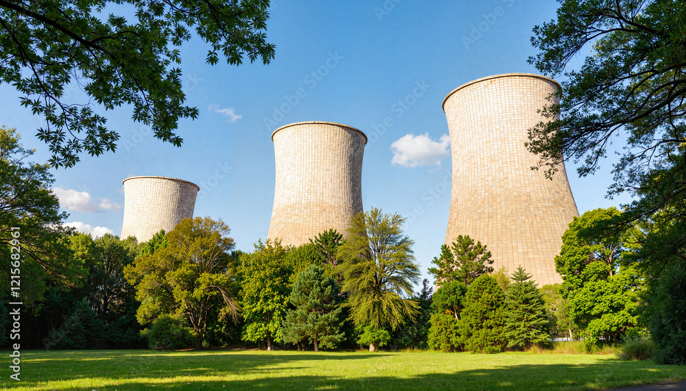 Nuclear facility surrounded by trees in daylight, harmony with nature