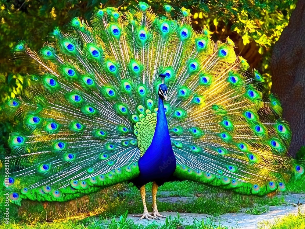 Obraz premium Majestic Peacock Displaying Vibrant Tail Feathers