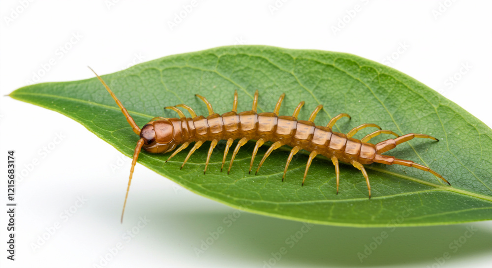 a venomous centipede on a leaf in white minimal background a venomous centipede on a leaf in white minimal background