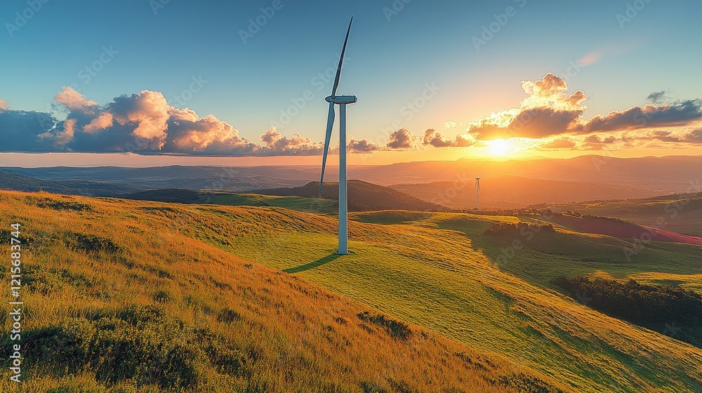 Obraz premium Sunset hillside wind turbines, green energy