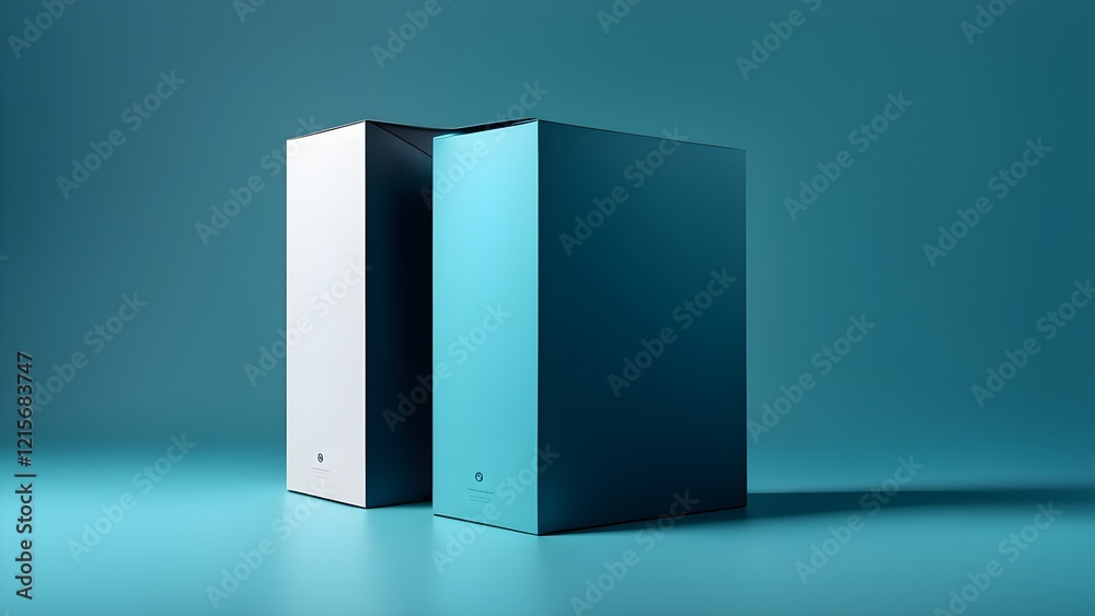 Two blank tall package boxes, one white and one teal, stand on a teal background, perfect for branding or product mockup. Two blank tall package boxes, one white and one teal, stand on a teal background, perfect for branding or product mockup.