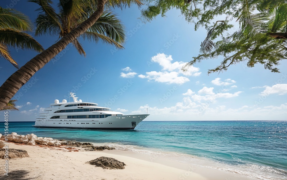 Fototapeta premium Luxury yacht at anchor near a tropical beach with palm trees. (2)