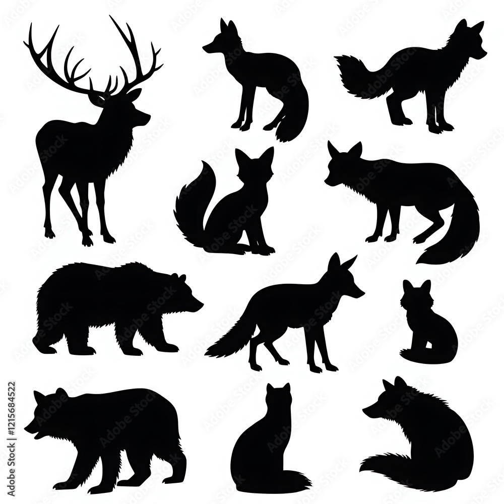 Collection of Ten Forest Animals Silhouettes - Iconic Woodland Creatures Like Deer, Foxes, and Bears on White Background