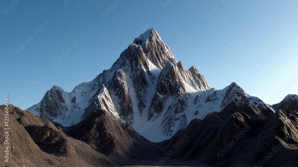Snow-capped mountain peak under clear blue sky, showcasing rugged terrain and stunning natural beauty.