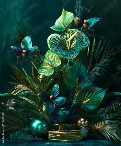Lush teal and green tropical flowers, orchids, and plants in a dark background.