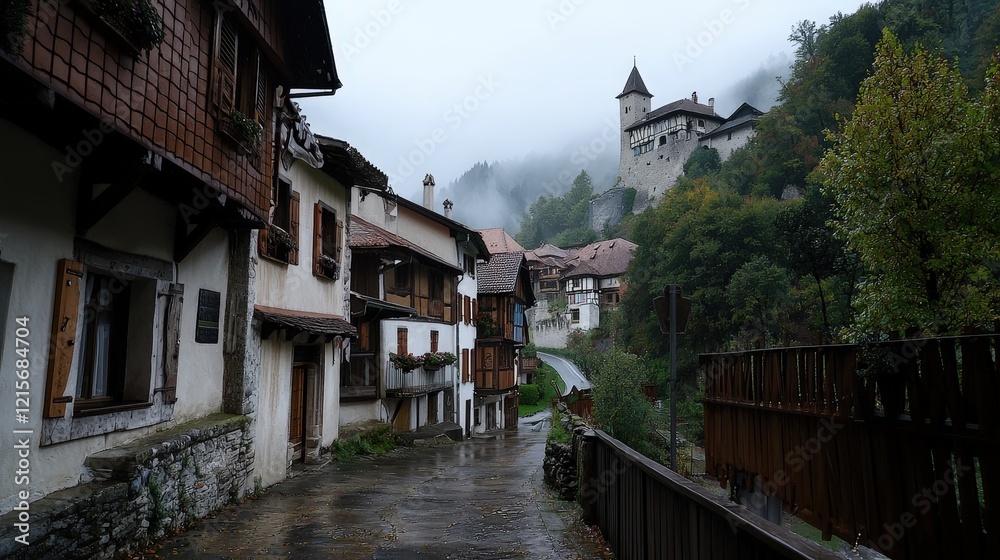 A charming village street with wooden houses, shrouded in mist, leading up to a castle, creating a serene and picturesque atmosphere.