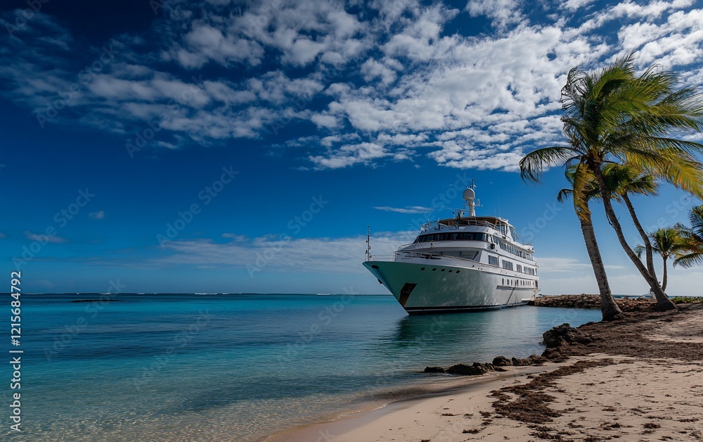 Obraz premium Luxury yacht anchored near a tropical beach with palm trees under a vibrant blue sky.