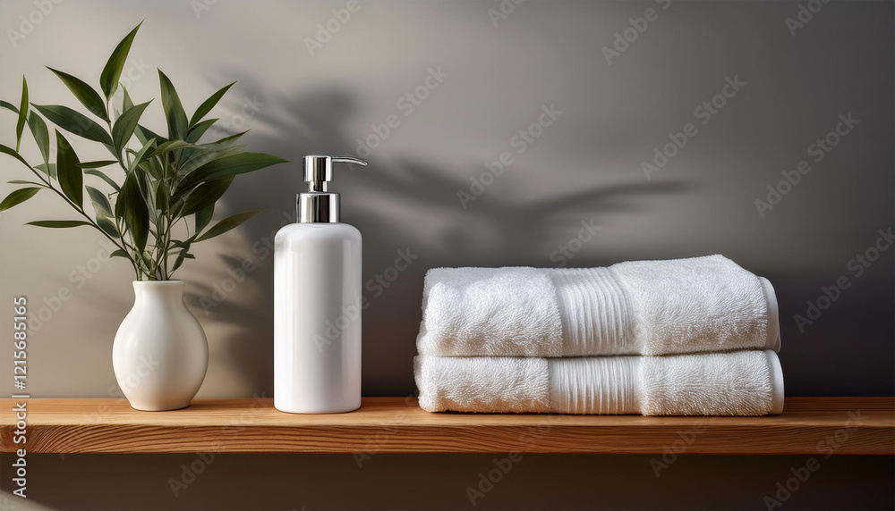 white soap dispenser and towels on wooden shelf white soap dispenser and towels on wooden shelf