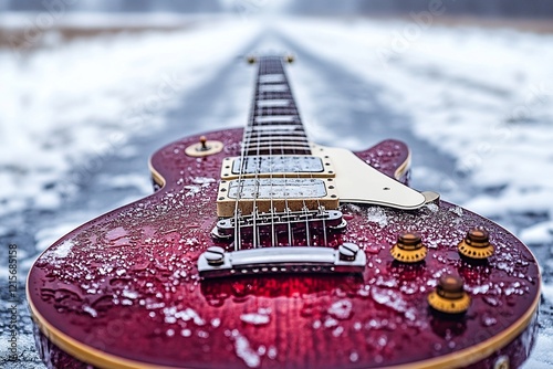 Red electric guitar covered in ice and snow on a snowy road.