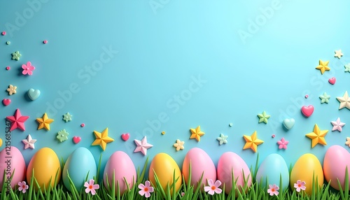 Easter celebration concept. Top view of a Easter bunny pink blue and yellow eggs on blue background. top copy space