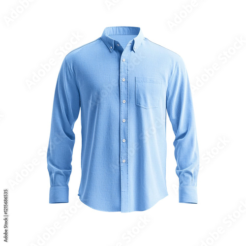 A light blue button-up shirt with long sleeves and a pocket.