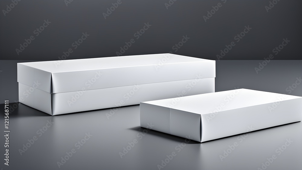 Two blank white boxes on a dark gray background, perfect for product packaging mockups. Two blank white boxes on a dark gray background, perfect for product packaging mockups.