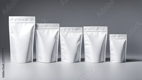 Obraz na płótnie Five blank white stand-up pouches of varying sizes against a gray background, perfect for branding and packaging mockups. w salonie