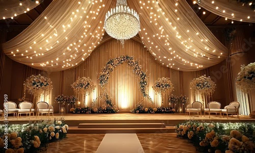 Elegant wedding venue adorned with lights, flowers, and a grand chandelier for a romantic celebration.