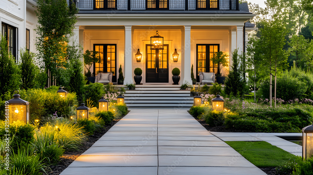 Contemporary home entrance with large windows and modern landscaping. Contemporary home entrance with large windows and modern landscaping.