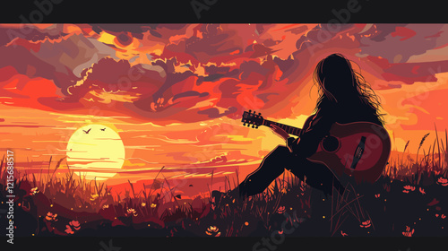 Woman Playing Acoustic Guitar in Rural Field at Sunset, Peaceful Atmosphere