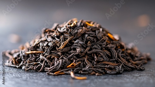 Dried black tea leaves on dark surface, bokeh background, beverage ingredient photo