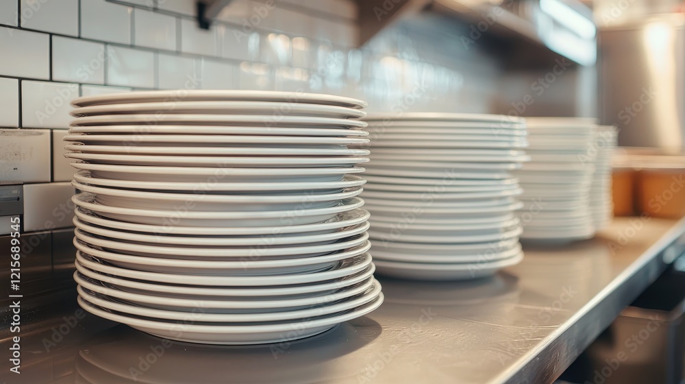 A stack of clean white plates neatly arranged in a kitchen, showcasing a tidy and organized space. A stack of clean white plates neatly arranged in a kitchen, showcasing a tidy and organized space.