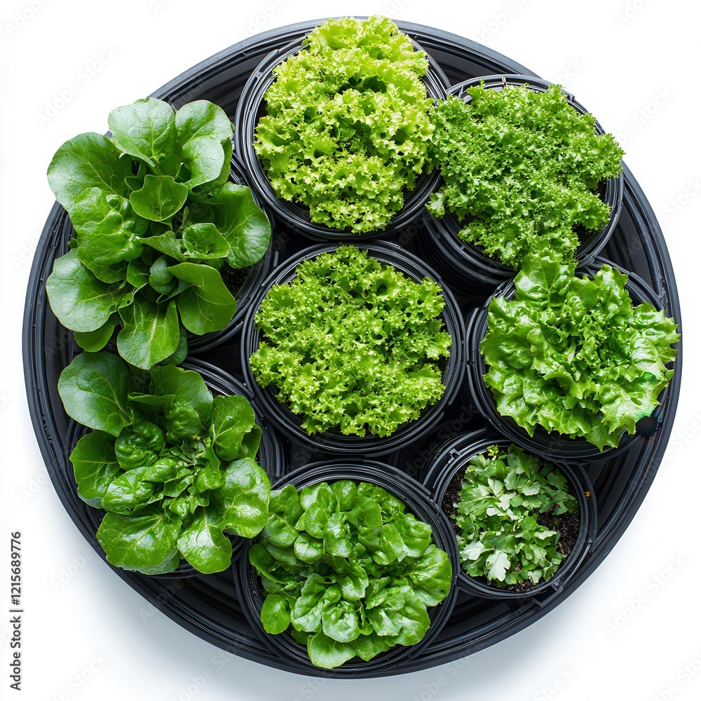 Obraz premium Overview of Vertical Farming Equipment Showcasing Lush Green Produce in a Circular Arrangement. Generative AI
