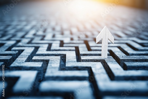 Creative labyrinth design with an arrow indicating the exit on a blue background in a digitally rendered scene photo