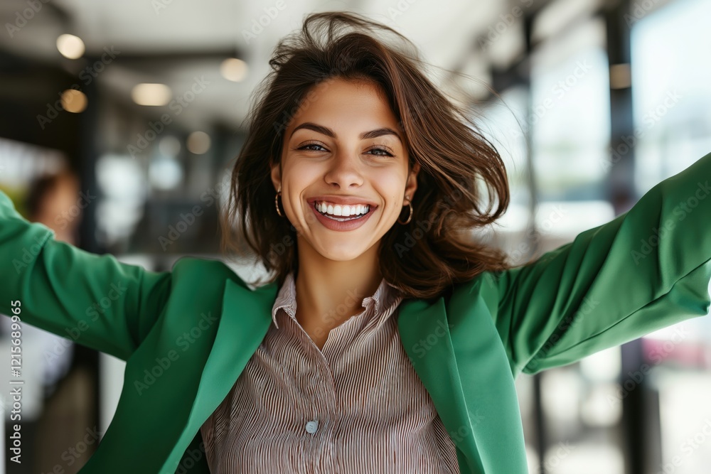 Obraz premium Portrait captures a young businesswoman joyfully dancing in an urban office environment during a bright afternoon