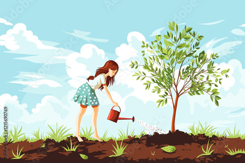 Woman Watering and Protecting Young Tree on Soil Background