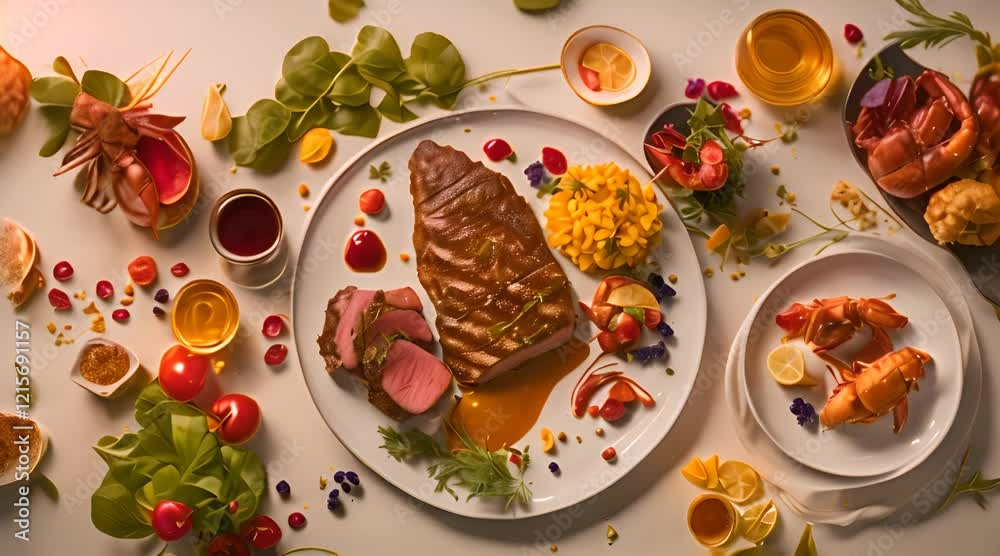 custom made wallpaper toronto digitalA luxury food plate with golden edges, featuring a perfectly seared steak, glistening with juices, next to a delicious lobster tail