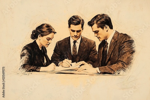 A vintage illustration depicting three professionals engaged in a collaborative discussion, focused on documents, highlighting teamwork and communication.
