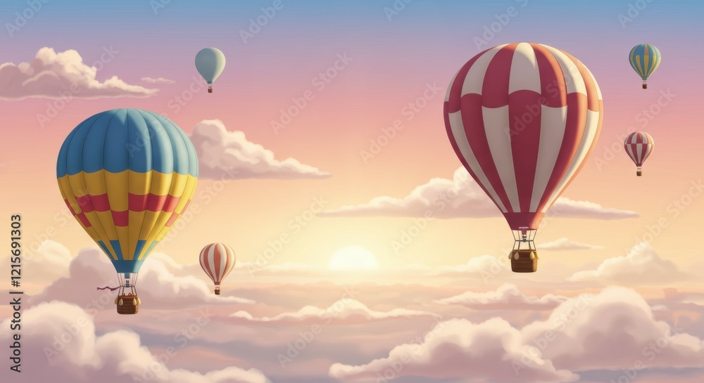 Fototapeta premium Hot air balloons, sky scene, pastel colors, dreamy atmosphere, sunset clouds, whimsical, peaceful, floating, magical, ethereal, serene landscape, gentle gradients, soft lighting, romantic, adventure, 