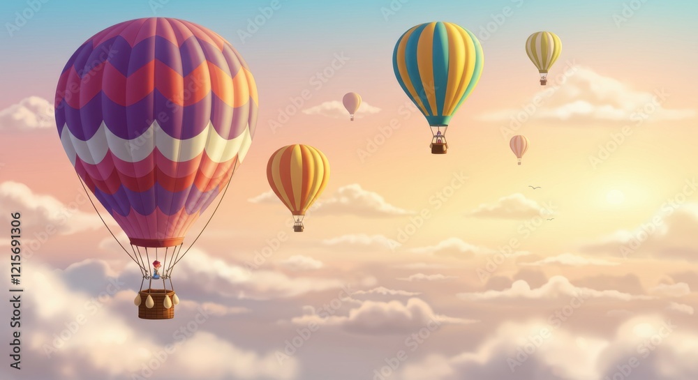 Naklejka premium Hot air balloons, sky scene, pastel colors, dreamy atmosphere, sunset clouds, whimsical, peaceful, floating, magical, ethereal, serene landscape, gentle gradients, soft lighting, romantic, adventure, 