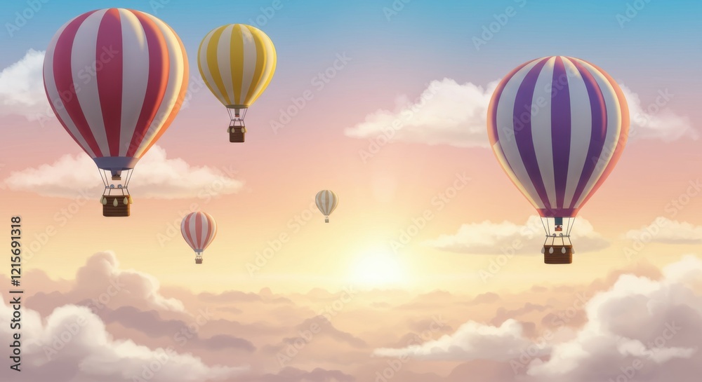 Naklejka premium Hot air balloons, sky scene, pastel colors, dreamy atmosphere, sunset clouds, whimsical, peaceful, floating, magical, ethereal, serene landscape, gentle gradients, soft lighting, romantic, adventure, 