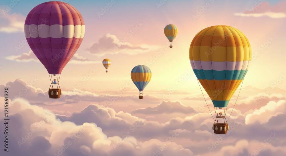 Fototapeta premium Hot air balloons, sky scene, pastel colors, dreamy atmosphere, sunset clouds, whimsical, peaceful, floating, magical, ethereal, serene landscape, gentle gradients, soft lighting, romantic, adventure, 