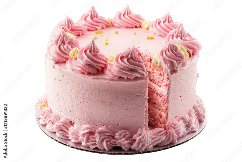 a round pink cake with decorative frosting swirls and a slice removed. revealing a soft interior the cake is adorned with small yellow sprinkles. making it visually appealing for celebrations or desse