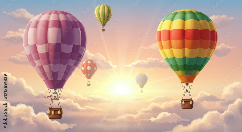 Naklejka premium Hot air balloons, sky scene, pastel colors, dreamy atmosphere, sunset clouds, whimsical, peaceful, floating, magical, ethereal, serene landscape, gentle gradients, soft lighting, romantic, adventure, 
