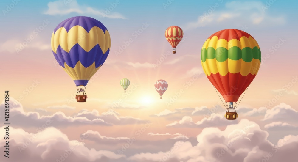 Fototapeta premium Hot air balloons, sky scene, pastel colors, dreamy atmosphere, sunset clouds, whimsical, peaceful, floating, magical, ethereal, serene landscape, gentle gradients, soft lighting, romantic, adventure, 