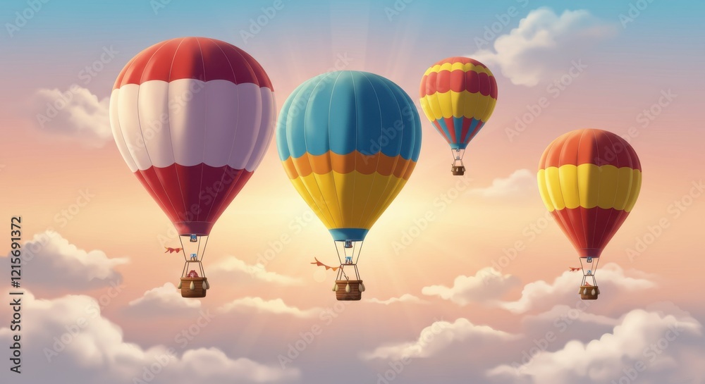 Obraz premium Hot air balloons, sky scene, pastel colors, dreamy atmosphere, sunset clouds, whimsical, peaceful, floating, magical, ethereal, serene landscape, gentle gradients, soft lighting, romantic, adventure, 