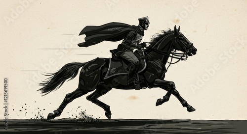 Silhouette, horseback rider, galloping horse, flowing cape, dynamic motion, black and white, ink splatter effect, dramatic contrast, side profile, speed lines, minimal background, textured paper, vint photo