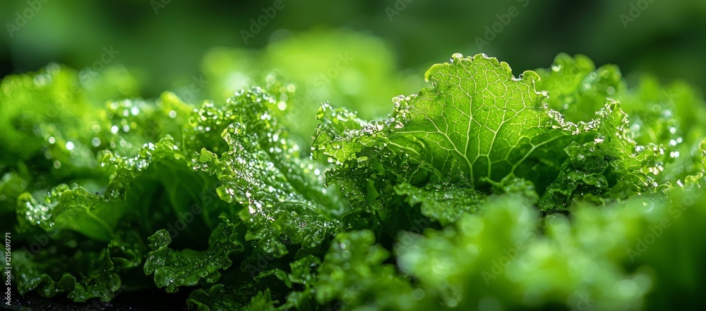 Fresh green lettuce leaves, dew drops, garden. Healthy food concept