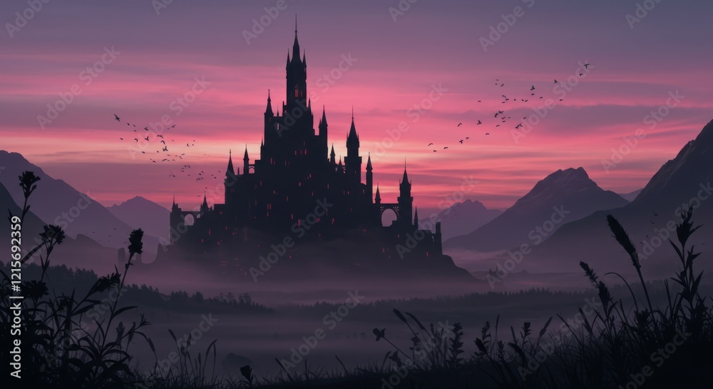 Naklejka premium fantasy castle silhouette, magical kingdom, twilight sky, purple and pink sunset, misty landscape, mountain backdrop, fairytale atmosphere, dark spires, enchanted forest, mystical glow, dreamlike scen