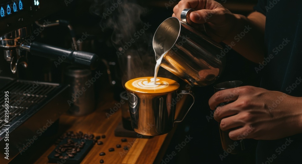 Naklejka premium Barista pouring latte art, steaming milk pitcher, espresso machine, dark coffee shop ambiance, rich brown tones, close-up shot, skilled hands, artisanal coffee making, moody lighting, vintage wooden c