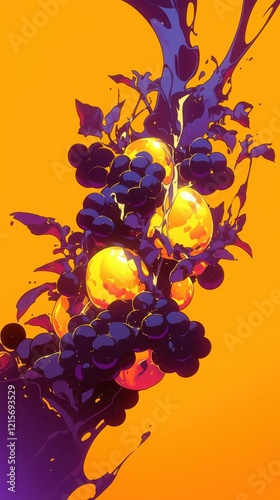 Abstract Painting of Grapes and Orange Spheres in Purple and Yellow