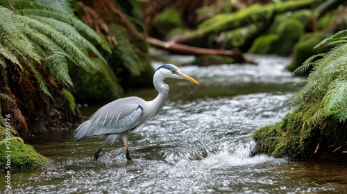 Grey heron wading stream, forest background, nature