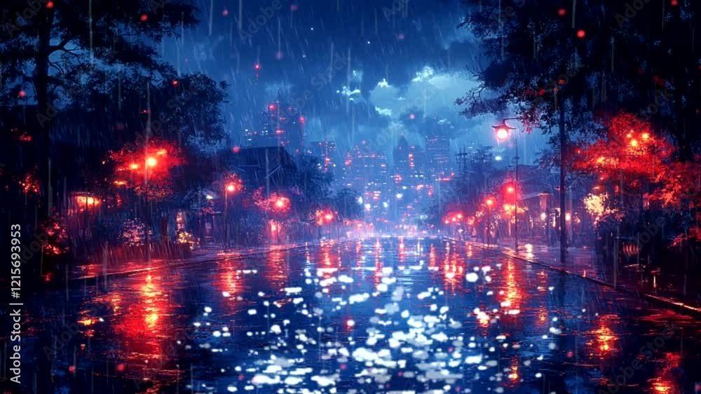 Rainy night street with glowing red and blue streetlights reflecting on wet pavement and a dramatic urban skyline seamless looping 4k time-lapse animation video background Rainy night street with glowing red and blue streetlights reflecting on wet pavement and a dramatic urban skyline seamless looping 4k time-lapse animation video background